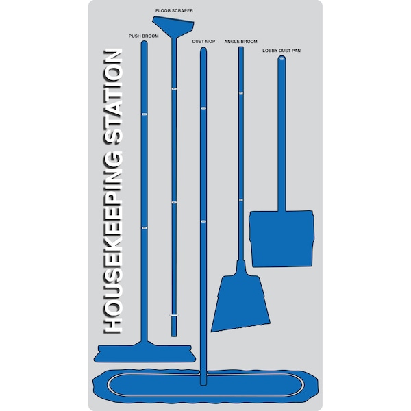 5S Housekeeping Shadow Board Broom Station Version 9 - Gray Board / Blue Shadows  With Broom